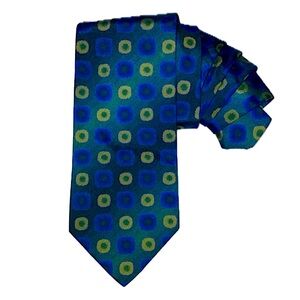 Hugo Boss silk tie, bold circle pattern, blue, yellow, green, 57 1/2”